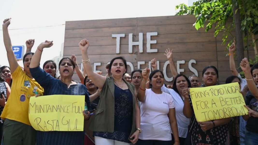 Unitech residents in Gurugram protest poor condition of access road
